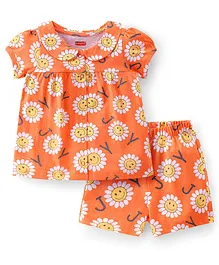 Babyhug Cotton Single Jersey Knit Half Sleeves Night Suit Floral Print - Orange