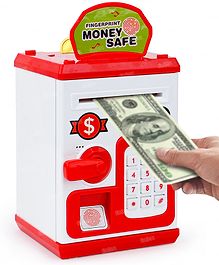 Fiddlerz ATM Piggy Bank Money Saving Bank for Real Money Cash Coin School Bag Style Musical Money Safe for Kids Roll Of Paper Money Bank with Finger Print Sensor (Pack of 1)Red