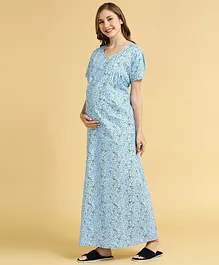 MomToBe Half Sleeves Floral Printed Nighty With Concealed Zipper Nursing Access - Blue