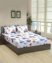 Trance Home Linen Cotton King Size Printed Kids Bedsheet with 2 Pillow Covers- Boat Blue