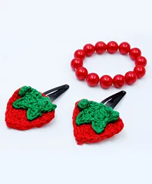 Milyra Pearl Embellished Bracelet & Strawberry Detailed  Hair Clips - Red