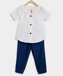 Charkhee Half Sleeves Solid Top With Denim Jogger - White & Blue