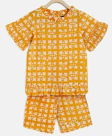 Charkhee Half Bell Sleeves Motif Printed Coordinating Top & Shorts Set - Yellow