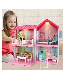 Happy Hues DIY Princess Dollhouse Set- Includes Doll House Accessories and Furniture with Doll and Lights 4 Rooms- 113 Pcs
