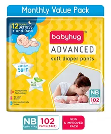 Babyhug Advanced Pant Style Diaper New Born
                        (NB) Size Monthly Box Pack - 102 Pieces,
                        Honeycomb Technology, Cottony Soft Diaper with
                        3D Leak Guard, Latex & Alcohol Free,
                        Anti-rash & Gentle