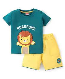 Babyhug Single Jersey Knit Half Sleeves T-Shirt with Shorts Set Lion Print - Green & Yellow