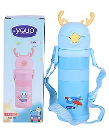 YOUP Stainless Steel Blue Color Tiger Print Kids Sipper Bottle With Strap JOY -600 ml