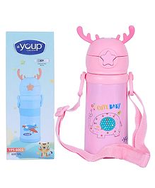 Youp Stainless Steel Pink Color Kids favourite print Sipper Bottle With Strap Style - 500 ml