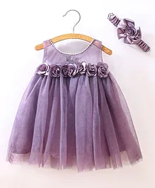 Enfance Sleeveless Floral Applique Embellished Solid Dress With Headband - Lavender