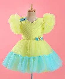 Enfance Balloon Sleeves Pleated Bodice & Flower Applique Detailed Flared Dress - Yellow