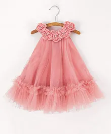 Enfance Sleeveless Flower Applique Neck Ruffle Detailing Party Wear Dress - Peach