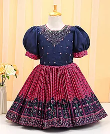 Enfance Half Puffed Sleeves Beads & Stone Embellished With Floral Printed Flared Ethnic Dress - Navy Blue
