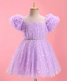 Enfance Half Ruffle  Sleeves Star Foil  Printed Flared  Dress - Lavender