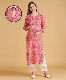 MomToBe Three Fourth Sleeves Floral Printed  Maternity Kurta With Concealed Zipper Nursing Access - Pink