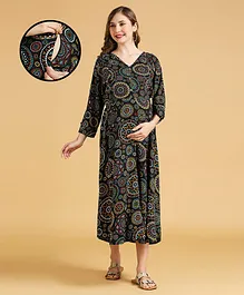 MomToBe Full Sleeves Abstract Floral Geometric Printed Maternity Dress With Concealed Zipper Nursing Access  -  Black