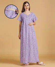 MomToBe Half Sleeves Floral Printed Maternity Feeding Nighty With Concealed Zipper -  Purple