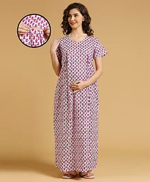 MomToBe Half Sleeves Floral Printed Maternity Feeding Nighty With Concealed Zipper - Purple