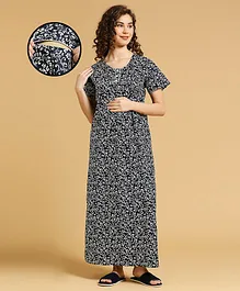 MomToBe Half Sleeves Floral Printed Maternity Feeding Nighty With Concealed Zipper - Navy Blue