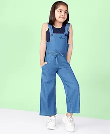 Naughty Ninos Sleeveless Solid Placement Logo Embroidered Dungaree With Tee - Blue