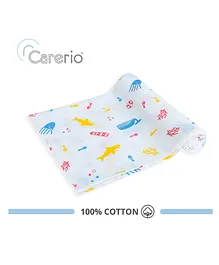 0 to 24 Months, 100 x 110 cm - Carerio 100% Cotton Mulmul Swaddle Wrap Pack of 1 - Fish Printed - Blue & White
