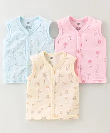 Zero Cotton Knit Sleeveless Vests Teddy Print Pack of 3 - Pink Aqua Blue & Vanilla