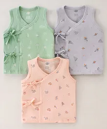 Zero Cotton Knit Sleeveless Set Of Vests Vehicle Print Pack of 3 - Peach Silver & Sage