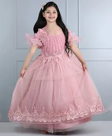 Whitehenz Clothing  Half Frilled Sleeves Pearls & Mirror Embellished Flower Applique Gown - Pyazi Pink