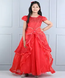 Whitehenz Clothing Cap Sleeves Bow Applique With Beads & Sequin Embellished Gown - Red