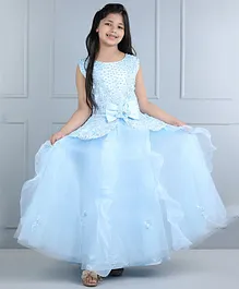 Whitehenz Clothing Sleeveless Lace & Sequin Embellished Bow Applique Detailed Gown - Light Blue