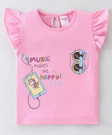 Tango Single Jersey Knit Frill Sleeves Top With Text & Phone Print - Pink