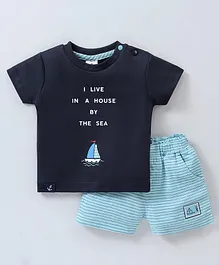 Ollypop Interlock Knit T-Shirt & Shorts With Text Graphics - Blue