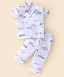 Ollypop Cotton Knit Half Sleeves Night Suit Car Print - White