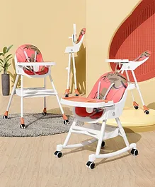 TONY STARK Reclining Baby High Chair foldable, Dual Dining Detachable Food Tray, Height Adjustable Feeding Seat, Five Point Safety Belt, Upgraded Version with Wheels and PU Cushion Pad, Easy to Clean (Printed Orange with Rocking Attachment)