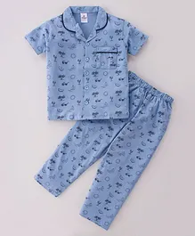 Ollypop Cotton Knit Half Sleeves Night Suit Beach Theme - Blue