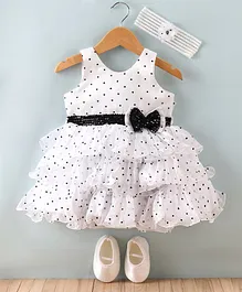 Enfance Sleeveless Heart Printed Layered Dress With Headband And Booties - White