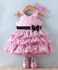 Enfance Sleeveless Heart Printed Layered Dress With Headband And Booties - Onion Pink