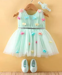 Enfance Sleeveless Heart Applique Detailed Flared Shimmer Net Dress With Headband And Booties - Sea Green