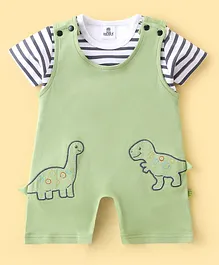 Mini Taurus Cotton Knit Dungarees  &  Half Sleeves Striped T-Shirt Dino Embroidery - Green