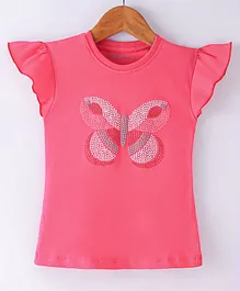 Doreme Single Jersey Half Frill Sleeves Butterfly Print Top - Pink