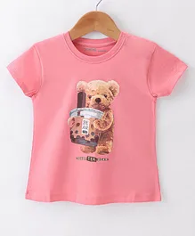 Doreme Cotton Single Jersey Knit Half Sleeves Top Bear Print - Pink
