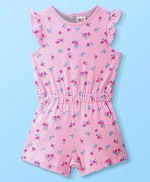 ToffyHouse 100% Cotton Knit Frill Sleeves Jumpsuit with Floral Print - Pink