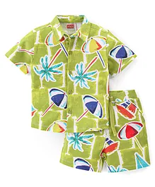 Babyhug Single Jersey Knit Half Sleeves Shirt & Shorts Beach Print - Green