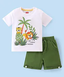 Babyhug Single Jersey Knit Half Sleeves T-Shirt & Shorts Set Jungle Safari Theme - White & Green