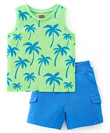 Babyhug Cotton Knit Sleeveless Palm Tree Printed T-Shirt & Shorts Set - Green & Blue