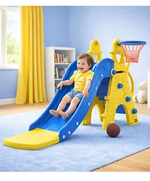 Babyhug&nbsp; Kids Slide with Basketball
                        Hoop & Easy Climb Ladder|Safe and Durable
                        Material|Smooth Edges, Indoor-Outdoor
                        Use|Balance & Coordination|Bright
                        Colors,Easy to Assemble Setup|2-6 Years|BIS