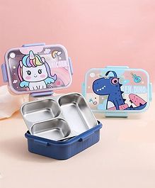 YAMAMA Unicorn And Dino Adventures Kids Lunch Box For Kids 3 Grid Insulated Stainless Steel Lunch Box For Kids Fun And Colorful Dino And Unicorn Design Lunch Box For School and Picnics  (Pack of 1  Color And Design May Vary)