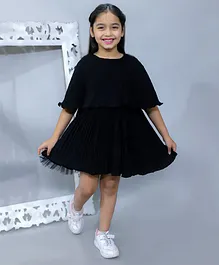 KIDSDEW Half Cape Sleeves Pleated Fit And Flare Layered Casual Dress - Black
