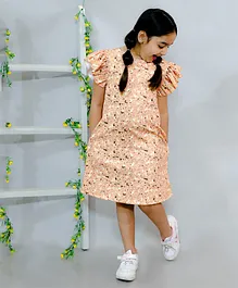 KIDSDEW Frill Sleeves Floral Printed A Line Dress -  Yellow