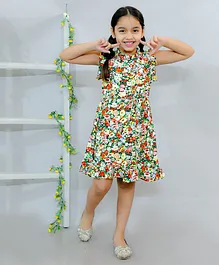 KIDSDEW Sleeveless Floral Printed A Line  Dress - Multi Colour