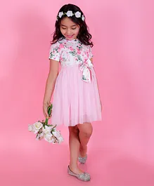 KIDSDEW Half Sleeves Floral Printed & Bow Detailed Net Fit And Flare Casual Dress - Pink